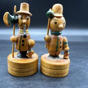 Vtg 2 Wood Handpainted Pencil Sharpeners Pipe Tophat Hiking Staff Midievel Tool